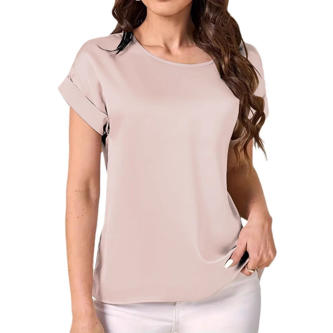 Round Neck Solid Color Smooth Surface Short Sleeve Loose