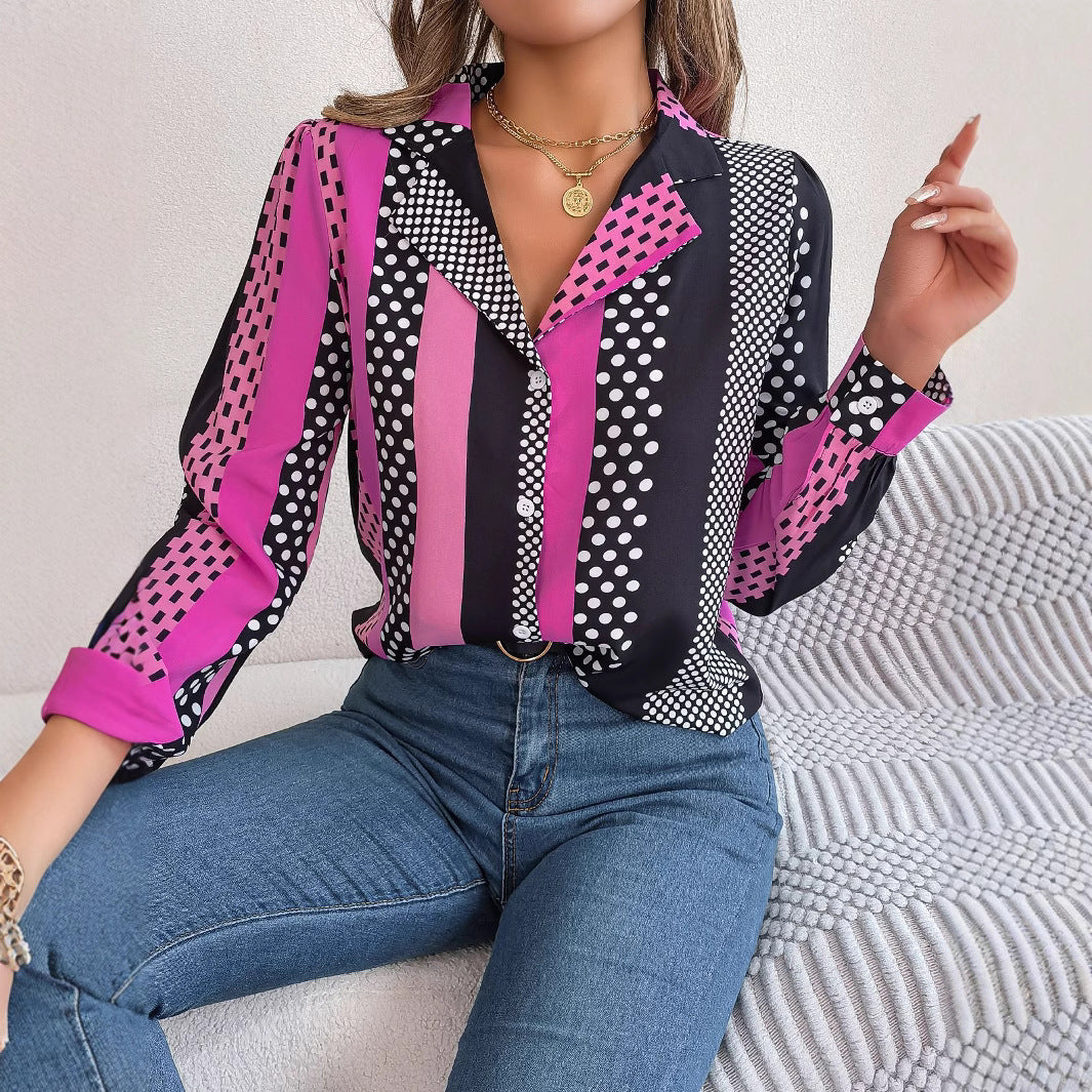 Contrast Color Polka Dot Suit Collar Long Sleeve Shirt