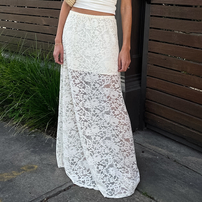 White Lace Hollow Out See-through Skirt