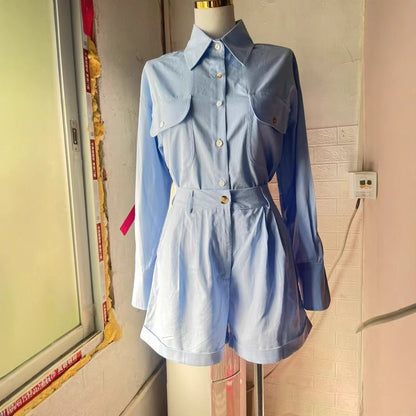 Loose Long Sleeve Shirt Cotton Linen High Waist Wide Leg Shorts Suit