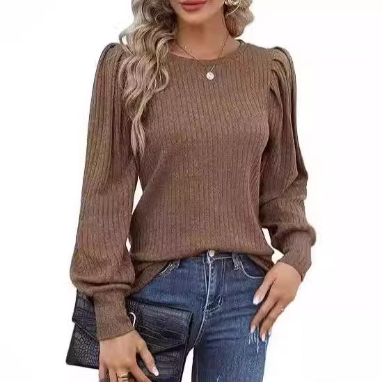 Rib Fabric Round Neck Bubble Shoulder Long Sleeve T-shirt Top