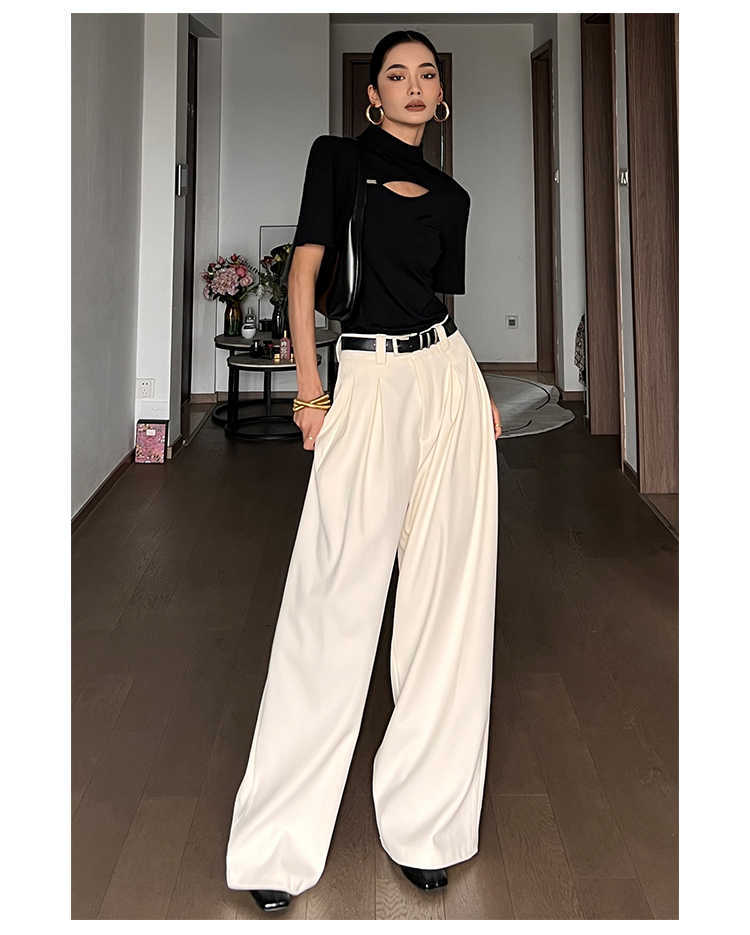 Women's Milky White Casual Pants High Waist Straight Pants