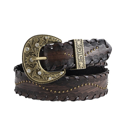 Women's Vintage Distressed Threading Rivet Embossed Brown Belt