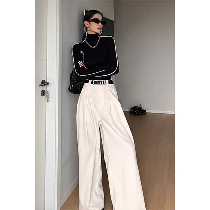 Women's Milky White Casual Pants High Waist Straight Pants