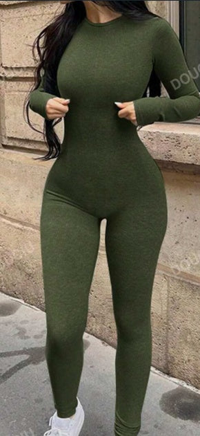 Solid Color Round Neck Long Sleeve Jumpsuit, Ribbed Knit Tight Jumpsuit, Spring Autumn