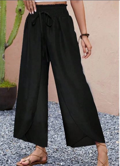 Stylish Shirred Waist Wide Leg Pants - Women's Clothing - Comfortable Vacation Style Layered Pants For Spring & Summer With Elastic Waistband And Flowy Design For A Flattering Fit