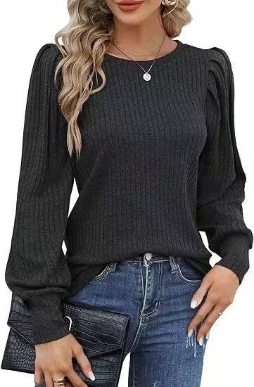 Rib Fabric Round Neck Bubble Shoulder Long Sleeve T-shirt Top