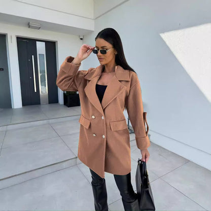 Winter Solid Color Fashion All-match Double-breasted Woolen Coat Women's Clothing