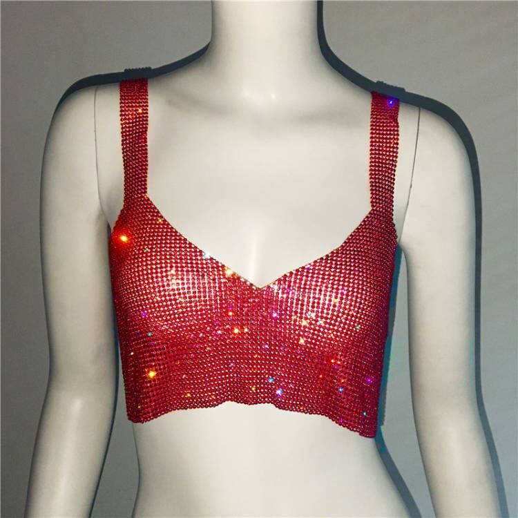 Deep V Sexy Rhinestone Metal Camisole Split Short Top