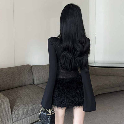 Black Square Collar Fur Stitching Tight Dress