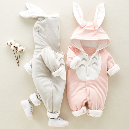 The new cotton padded cotton baby romper thickened chinchilla hooded cotton baby Onesies newborn go climbing clothes