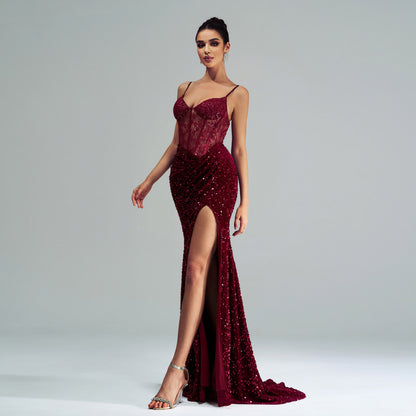 Spaghetti Straps Sleeveless Sequined High Slit Evening Dress