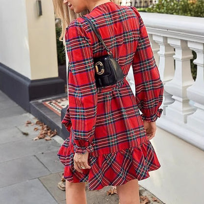 Plaid Printed V-neck Puff Sleeve Ruffled Hem Drawstring Dress