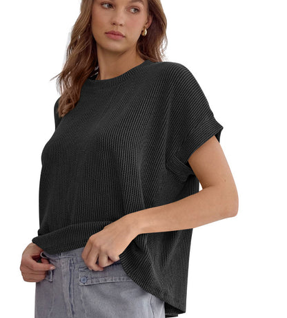 Striped Knitted Batwing-sleeved Short-sleeved T-shirt Fashion Loose Pullover Round Neck Top For Women Clothing