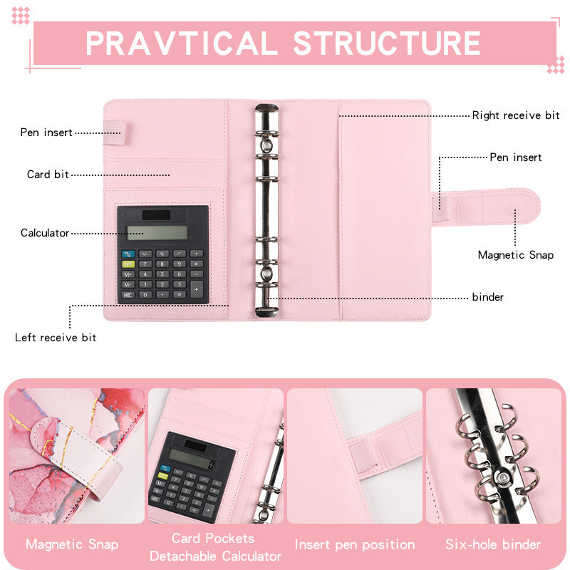 A6 Liant cu foi libere Jurnal Caiet Caiet Piele PU Calculator cu spirală liberă cu 6 găuri