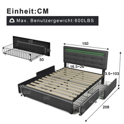 Holzstabgestell Mit LED-Beleuchtung Und Bettgestell Mit 4 Schubladen