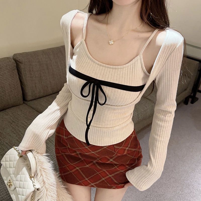 Women's Long-sleeved Top Bow Suspenders Vest Bottoming Shirt