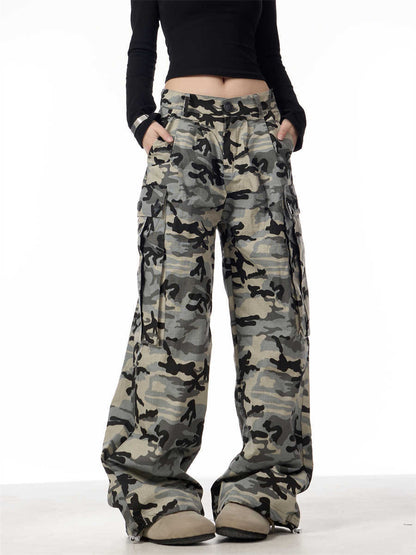 Camouflage Big Pocket Casual Pants Women Loose Wide-leg Overalls