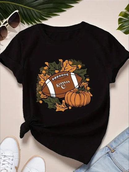 KC, Football Graphic Print T-Shirt - Crew Neck, A Comfortable Women's Short-sleeved Crew Neck T-shirt For Everyday Wear And Stylish Layering