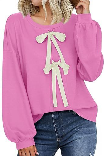 Women's Round Neck Front Lace-up Bow T Pullover Split Long Sleeve Shirt