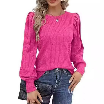 Rib Fabric Round Neck Bubble Shoulder Long Sleeve T-shirt Top