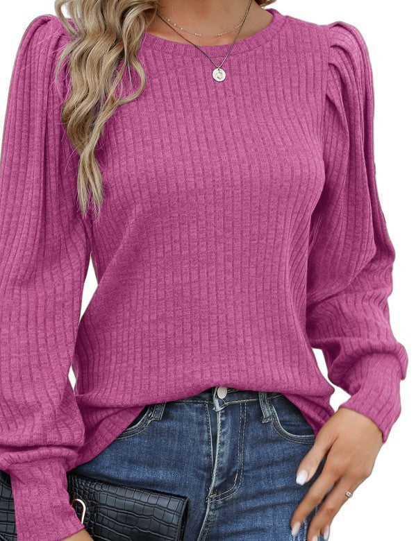 Rib Fabric Round Neck Bubble Shoulder Long Sleeve T-shirt Top