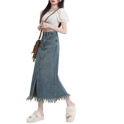 Retro Slit Denim Skirt Women's Tassel Mid-length Hip Skirt