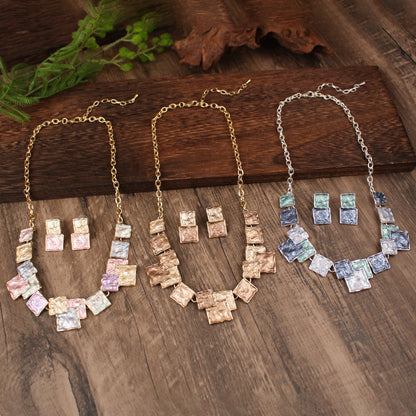 Color Painting Oil Geometric Square Ear Studs Necklace Suit