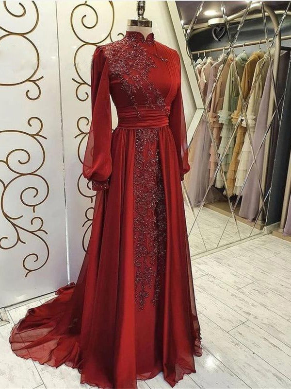 Stand Collar Luxury Long Sleeve Evening Dress