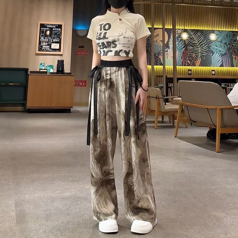 New Guo Feng Ink Painting Ice Silk Wide-leg Pants Summer Women