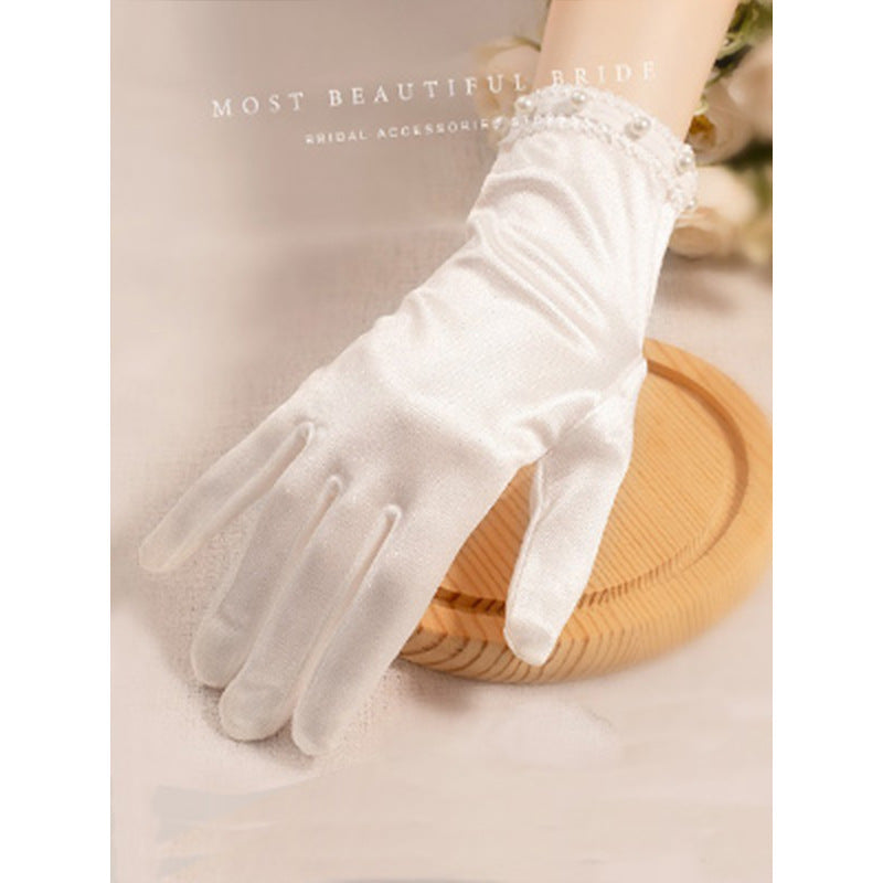 Weiße Satin Kurze Handschuhe Spitze Perlen Accessoires