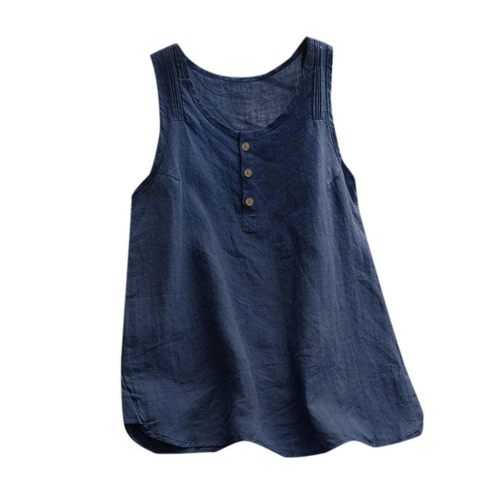 Cotton Linen Button Sleeveless Solid Color Women's Vest Top