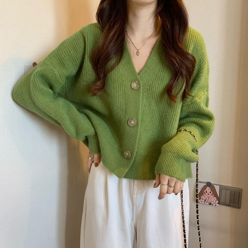 Women's V-neck Pure Color All-match Sweater Coat