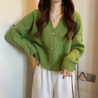 Women's V-neck Pure Color All-match Sweater Coat