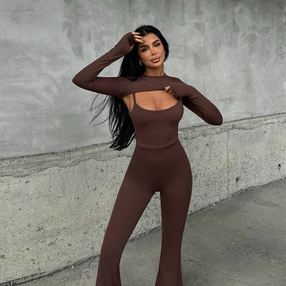 Sexy Round Neck Long Sleeve No Back Tight Sports Jumpsuit Two-piece Set