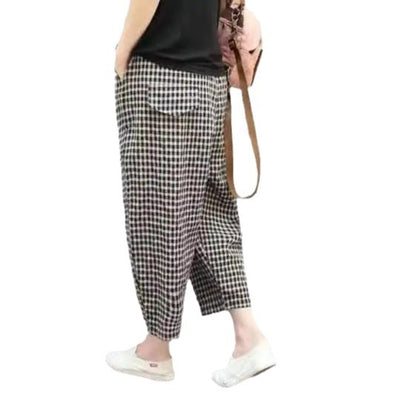 Cotton And Linen High Waist Harem Ankle-length Baggy Pants Artistic Plaid Loose Baggy Pants Women