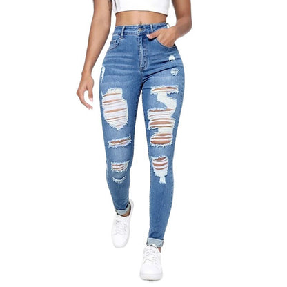 Skinny Jeans Damen High Waist Slim Fit Schlankmachende Löcher Röhrenhose