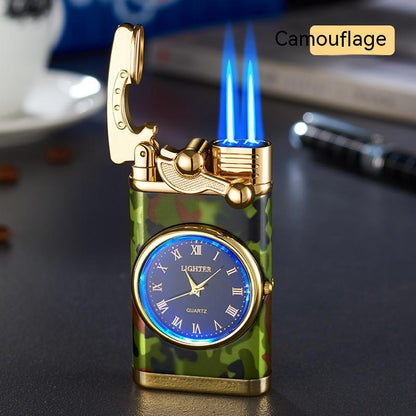 New Lighter With Electric Watch Rocker Arm Automatic Ignition Straight Blue Flame Lighter Creative Real Dial Inflatable Windproof Lighter Men's Watch Gift