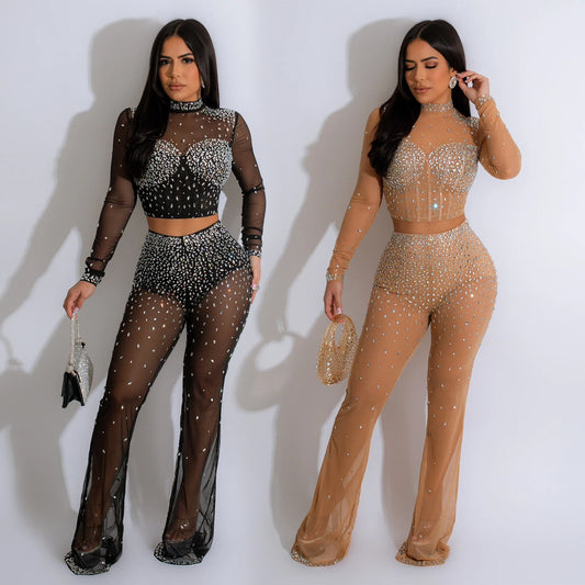 Women's Pure Color Mesh Rhinestone Long-sleeved Trousers Two-piece Set