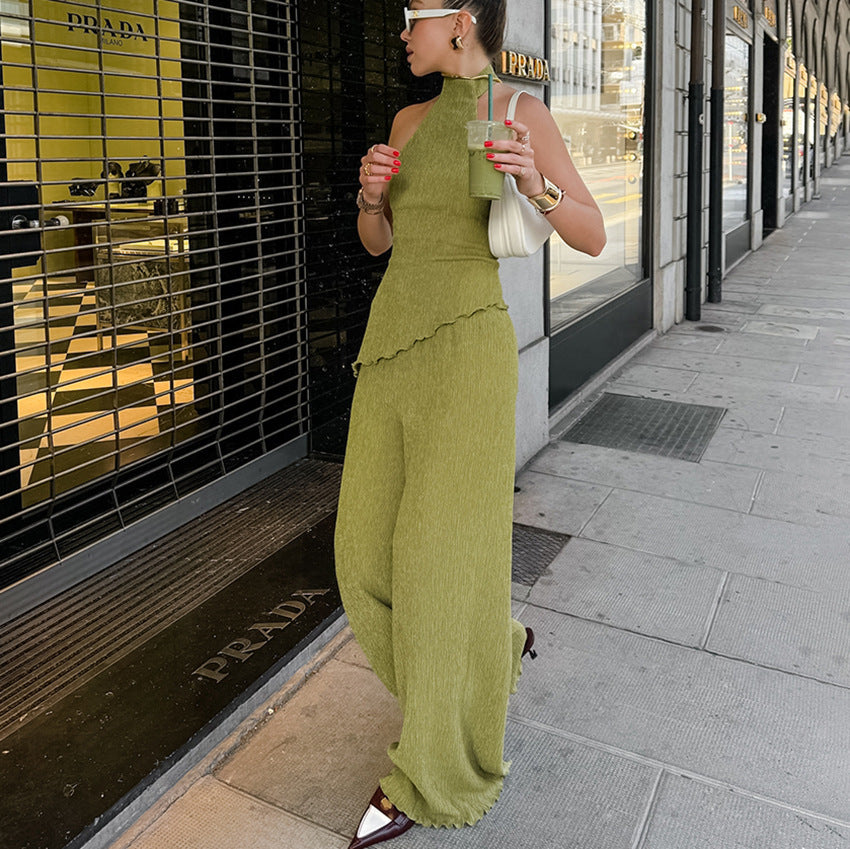 Fashion Green Suit Halter Backless Commuter Two-piece Set For Women