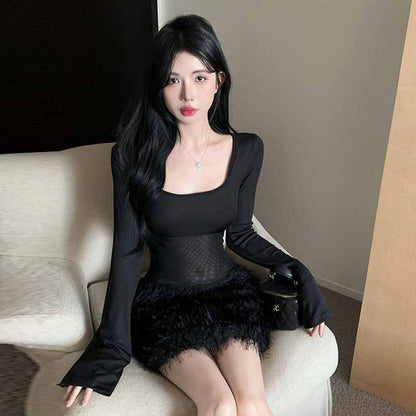 Black Square Collar Fur Stitching Tight Dress