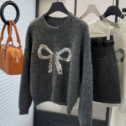 Women's Heavy-duty Bow Sequined Pullover Sweater