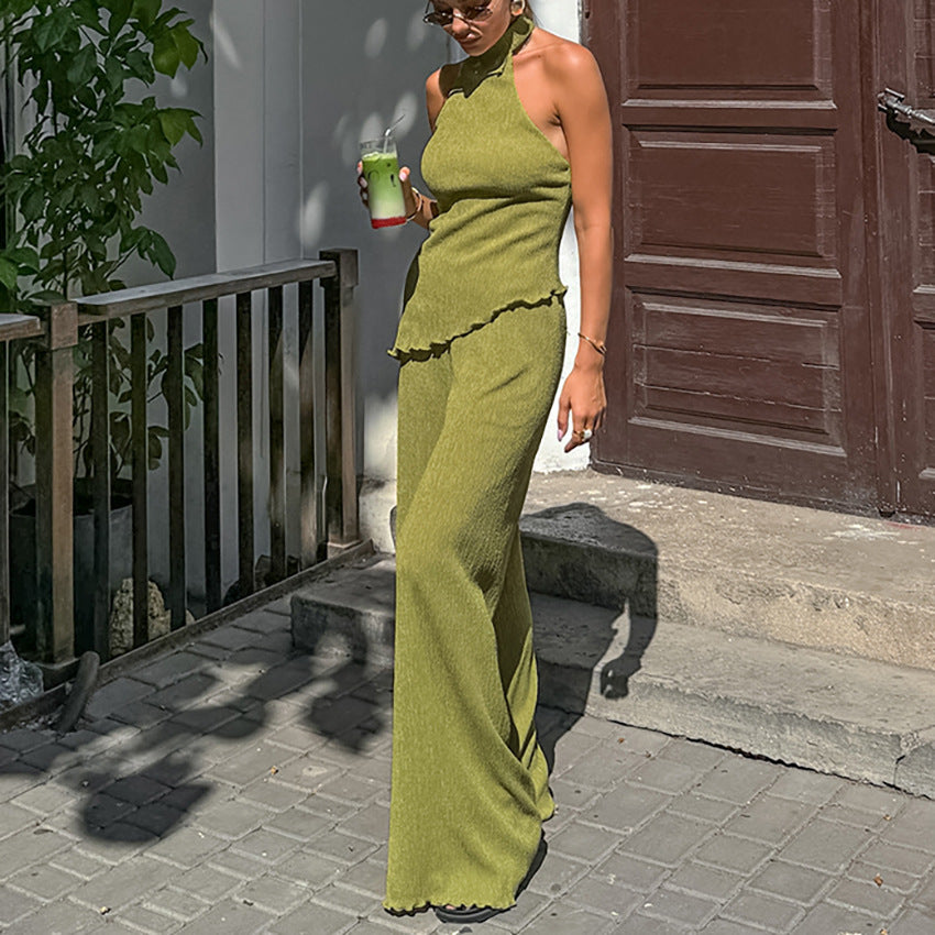 Fashion Green Suit Halter Backless Commuter Two-piece Set For Women