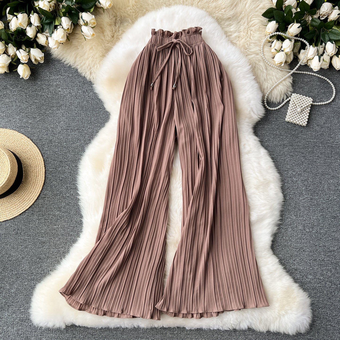 Slimming Slim Fit Draping Effect Wide Leg Pleated Pants