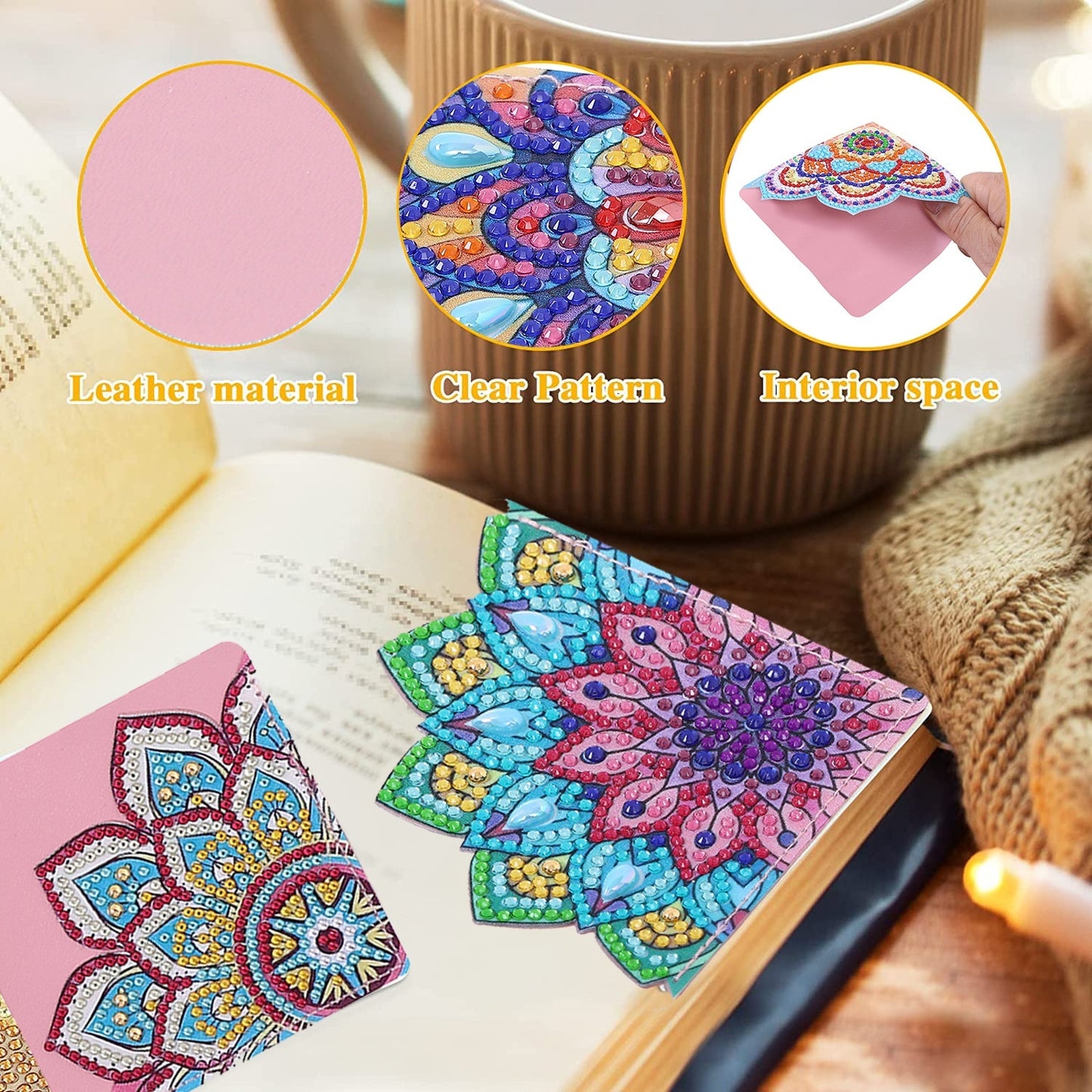 8 PCs PU Leather Handmade Stick-on Crystals Mandala Cornerite Bookmark