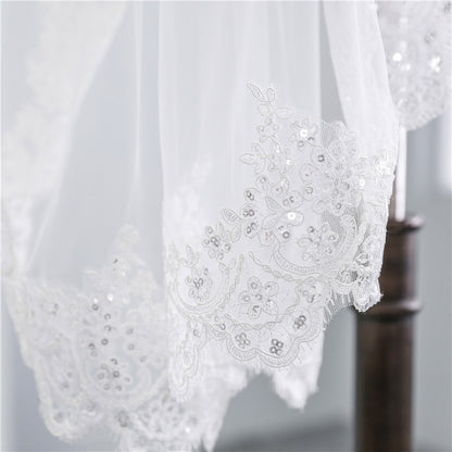 Short Veil Soft Mesh Sequined Lace White Ivory