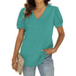 European And American Summer Casual V-neck Solid Color Puff Sleeve Loose T-shirt For Women