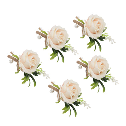 5PCS Wedding Boutonniere Pin Fixed Plastic Artificial Flower Corsage for Bride and Groom Champagne