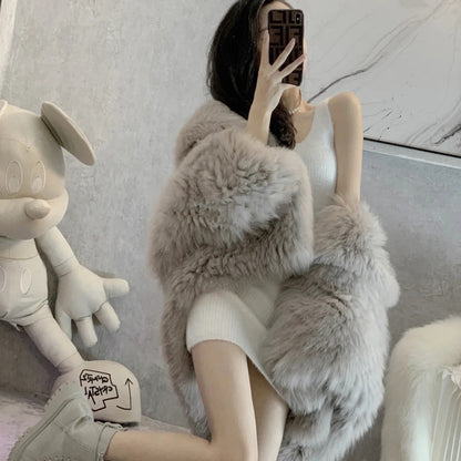 Online Influencer Fashion Hooded Artificial Fox Fur Padded Coat Young