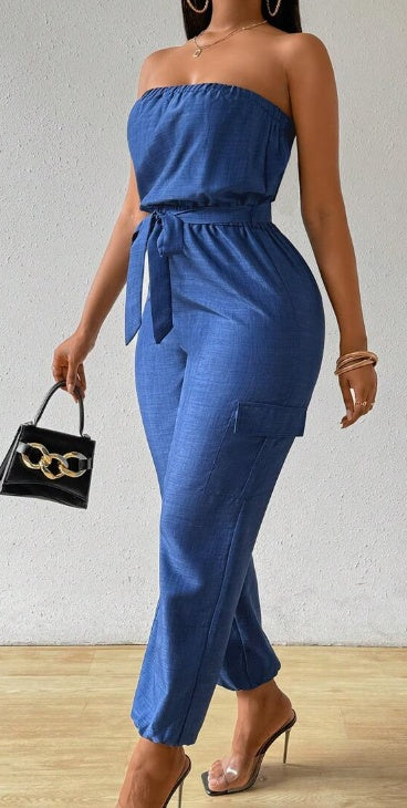 Lässiger Trägerloser Jumpsuit im Denim-Look für Damen im Utility-Design für den Sommer